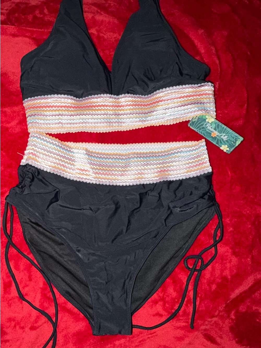 Womens' Black Two-Piece Swimsuit with Multicolor Waistband